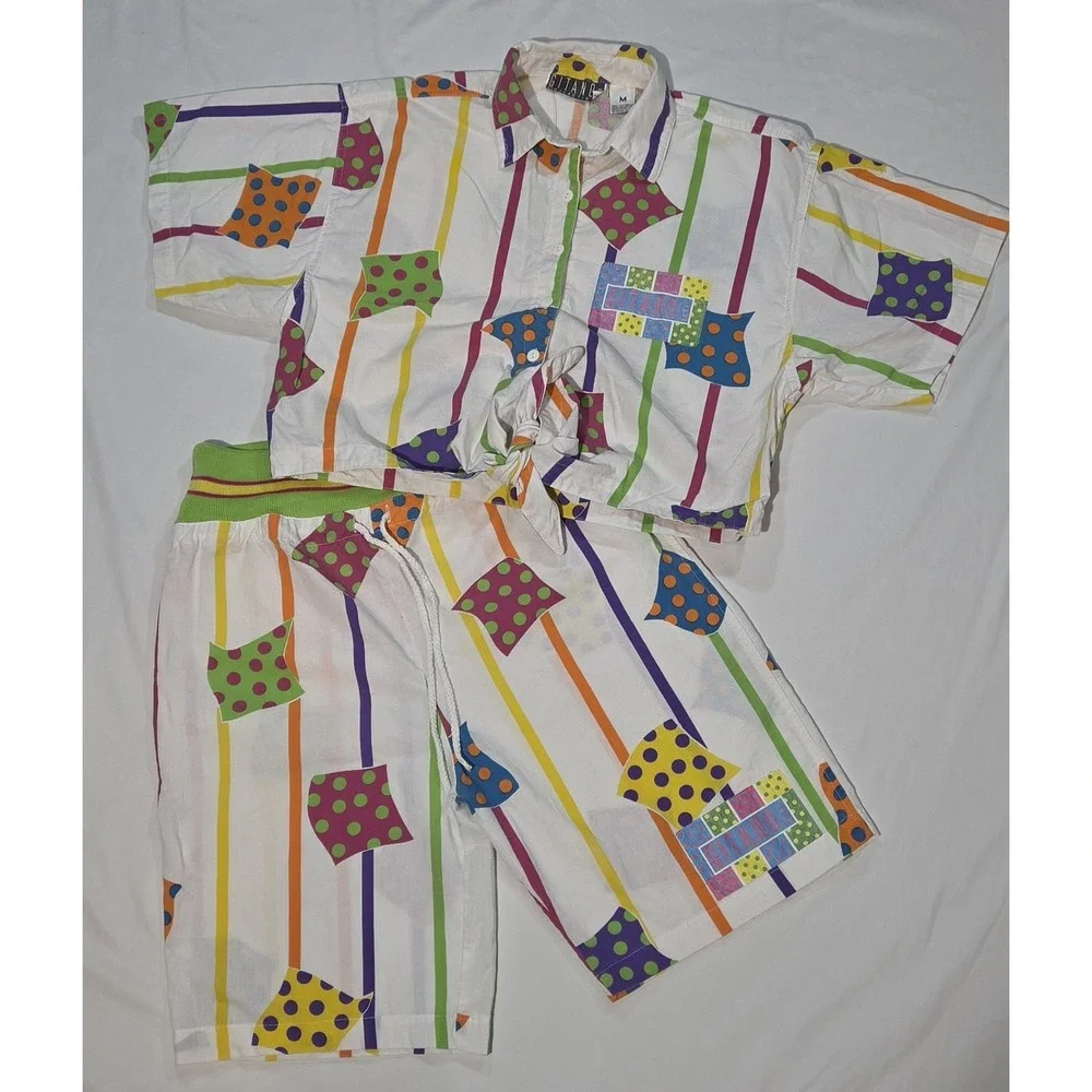 90s Gitano Collections Short Set Women M/S White Multi Vintage Geometric